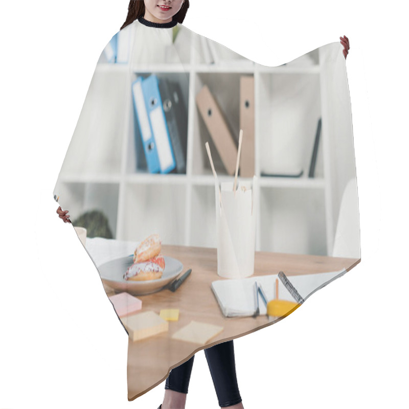 Personality  Takeout Noodles At Workplace With Office Supplies And Sticky Notes Hair Cutting Cape