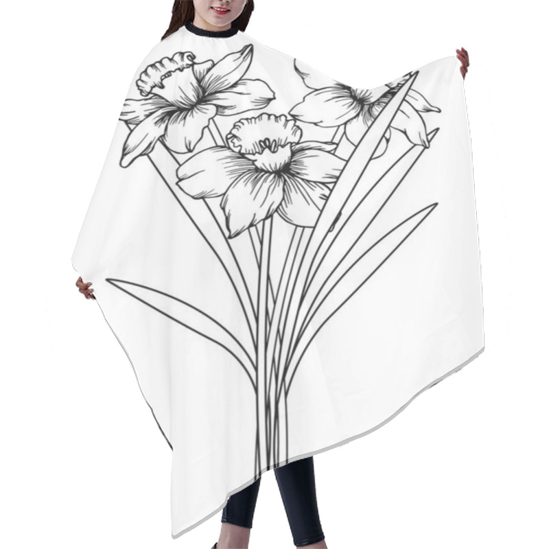 Personality  Flower Illustration, Hand Drawn Bouquet Of Daffodils. Black And White Line Drawing. Design For Postcards, Posters, Decor For Textiles Hair Cutting Cape