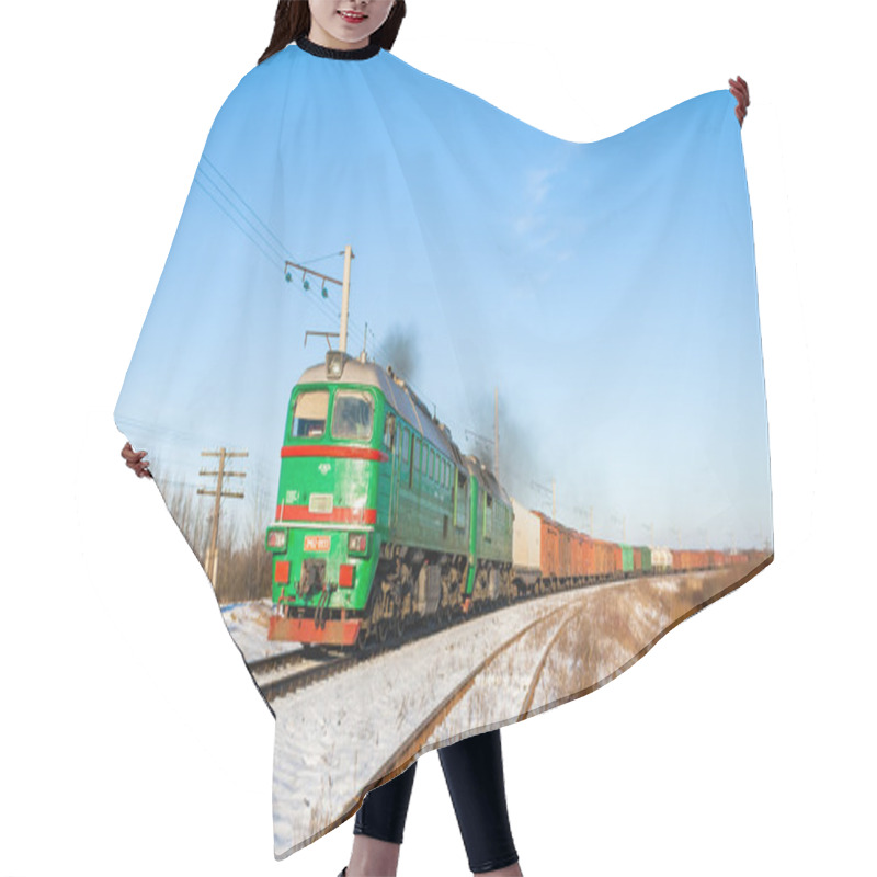 Personality  Freight Train Hauled By Diesel Locomotive. Ukrainian Railways Hair Cutting Cape