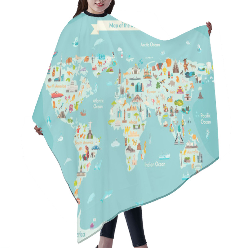 Personality  World Travel Map With Landmarks, Animals And Sight Of Country. Vector Illustration Hair Cutting Cape