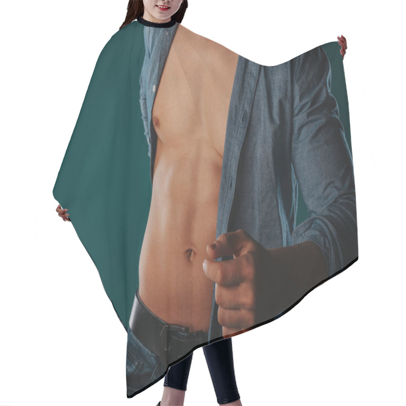 Personality  Aesthetic Man Standing In Front Of A Green Background And Posing Hair Cutting Cape