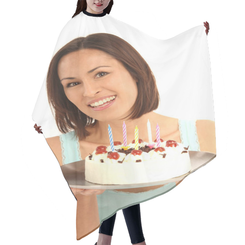 Personality  Portrait Of Woman With Cake Hair Cutting Cape