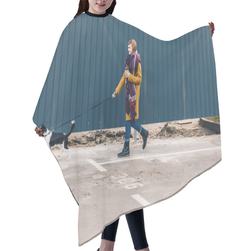 Personality  Side View Of Young Stylish Woman Walking On Street Together With Puppy Hair Cutting Cape