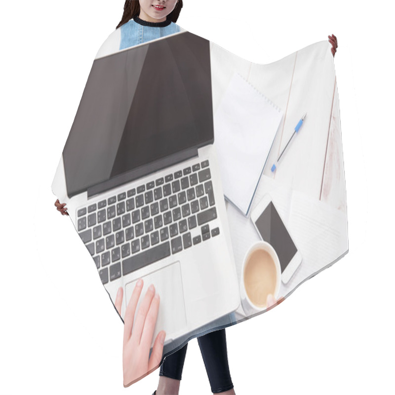 Personality  Happy Young Woman  Relaxes And  Working At Home At A Laptop With Hair Cutting Cape