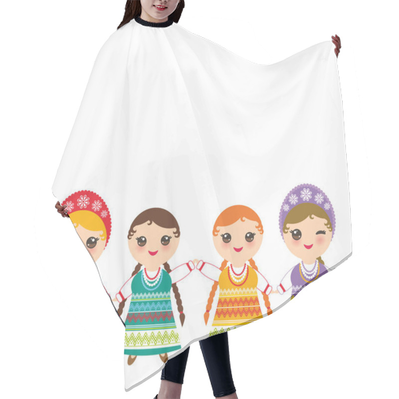 Personality  Slavic Girl In Orange Lilac Green Red Sundress, White Shirt With Embroidery, Hair Braided Two Braids Kawaii Child National Costume. Cartoon Children Traditional Dress Isolated On White. Vector Illustration Hair Cutting Cape