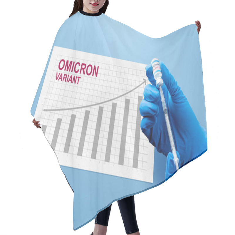 Personality  Health Worker Holding Syringe And Vaccine Of New Variant Of Covid 19 Omicron With Increases Graph Background Hair Cutting Cape