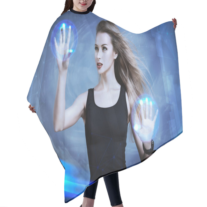 Personality  Woman Using Virtual Screen Hair Cutting Cape