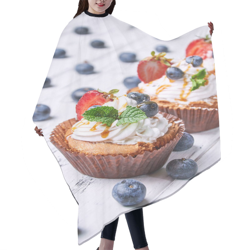 Personality  Luxury Cupcakes With Strawberries On A White Wooden Table. Many Blueberries Close. Hair Cutting Cape