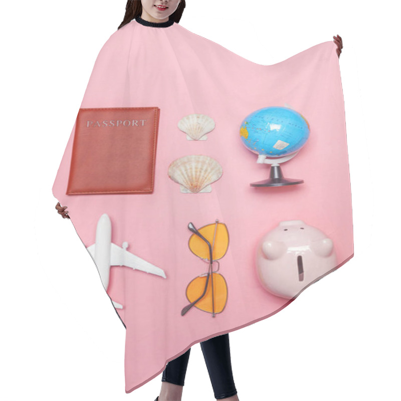 Personality  Minimal Simple Flat Lay Travel Adventure Trip Concept On Pink Pastel Trendy Modern Background Hair Cutting Cape