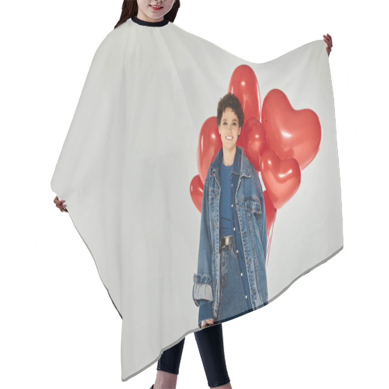 Personality  A Fashionable Young Woman Poses Confidently With Bright Red Heart Balloons, Radiating Joy. Hair Cutting Cape