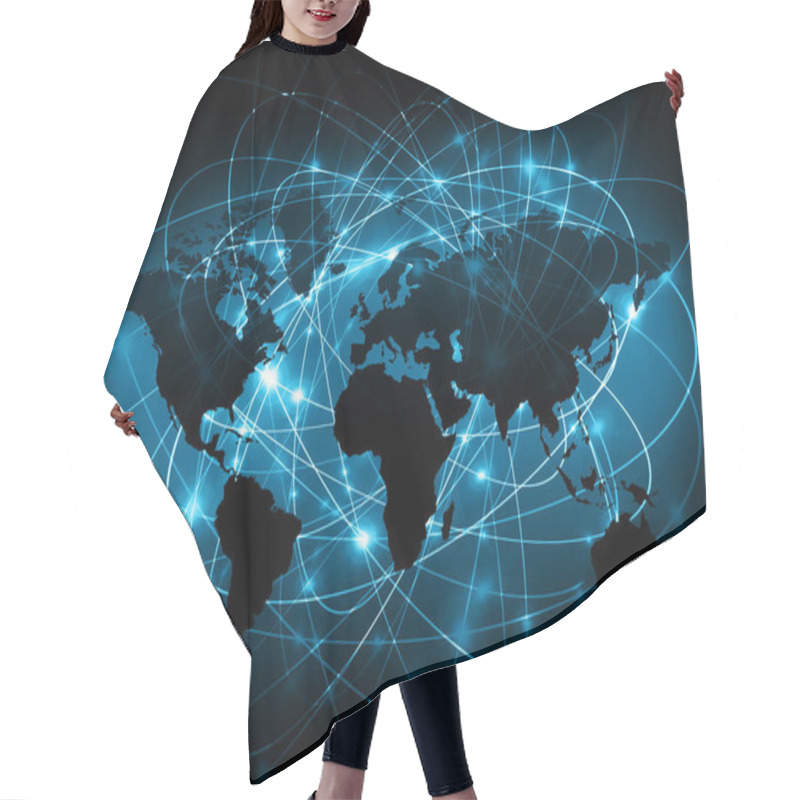 Personality  World Map On A Technological Background, Glowing Lines Symbols Of The Internet, Radio, Television, Mobile And Satellite Communications. Hair Cutting Cape