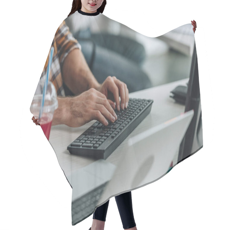 Personality  Cropped View Of Programmer Working On Computer In Office Hair Cutting Cape