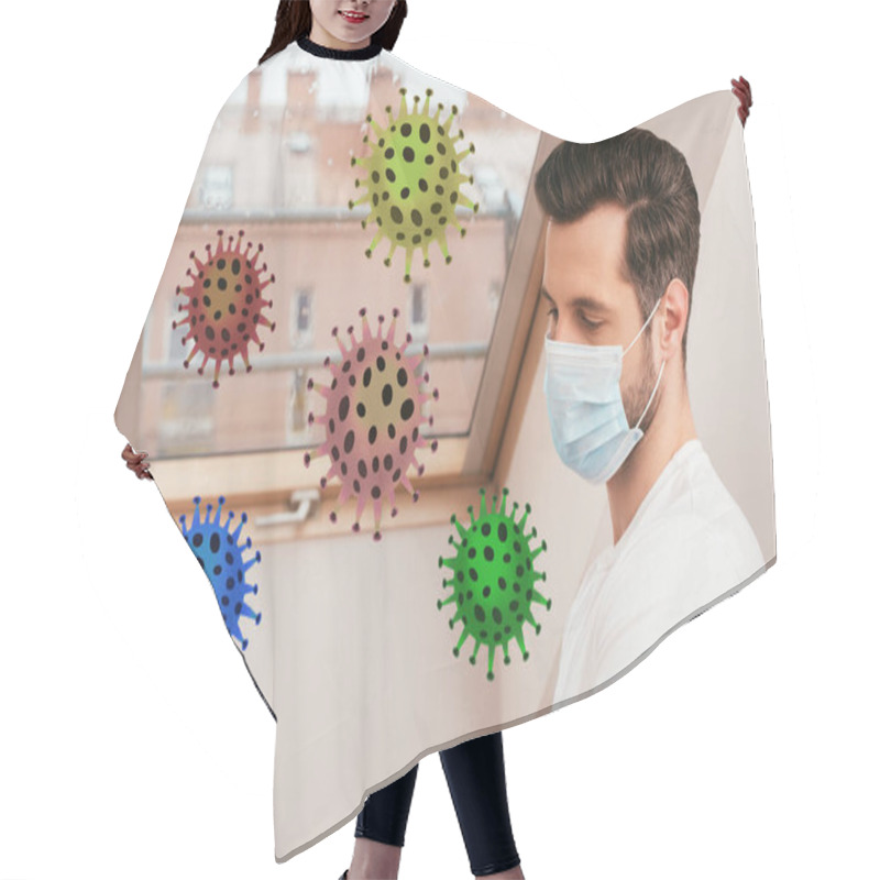 Personality  Side View Of Man In Medical Mask Standing Near Window At Home, Bacteria Illustration Hair Cutting Cape