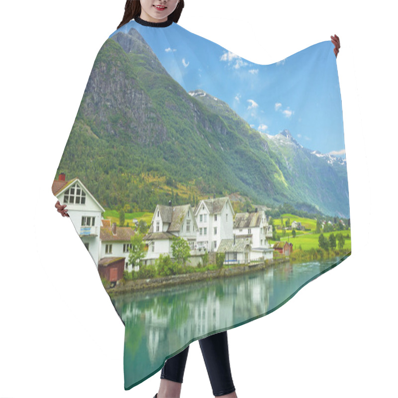 Personality  Rural Lake Landscape, Norway, Olden, Green Hills Seaside. Fjord In Summer. Hair Cutting Cape