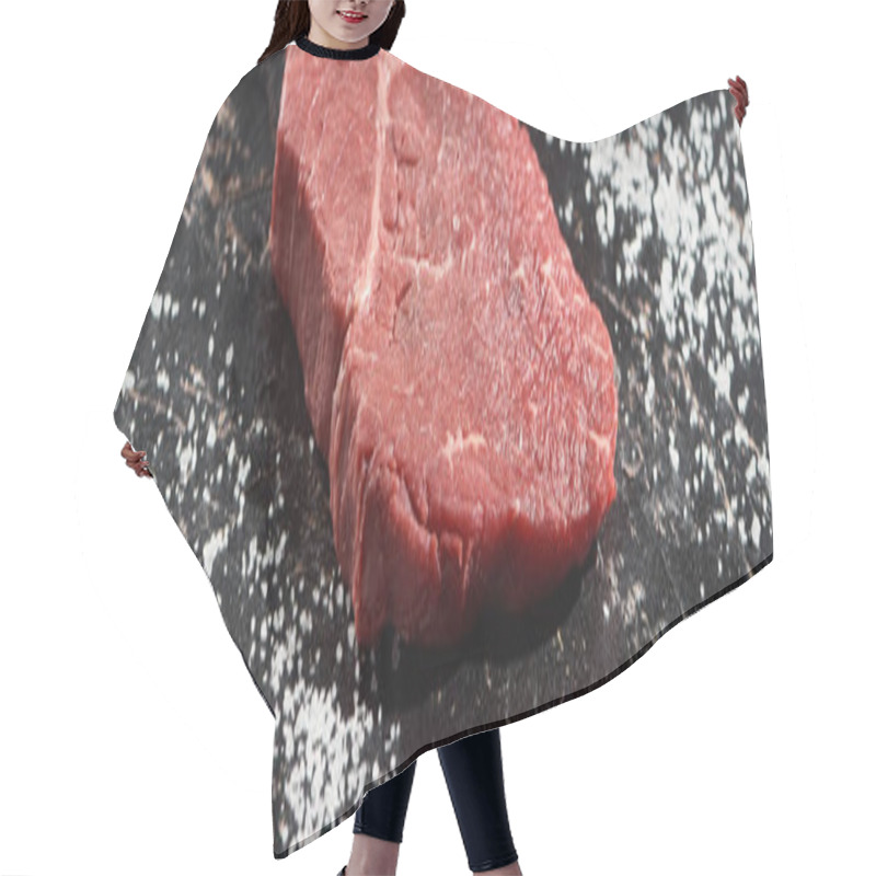 Personality  Panoramic Shot Of Fresh Raw Beef Steak On Black Marble Surface With Scattered Salt Hair Cutting Cape