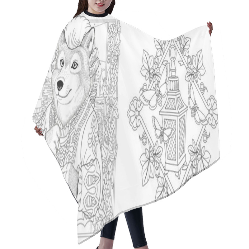 Personality  Coloring Pages. Wolf Seaman With Lantern And Lighthouse On The Background. Line Art Design For Adult Colouring Book With Doodle And Zentangle Elements. Vector Illustration. Hair Cutting Cape