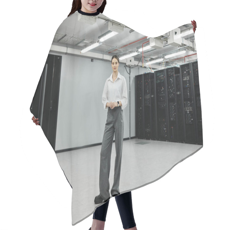 Personality  A Woman In A White Shirt Stands In A Sleek, Modern Server Room, Focused On Her Tasks. Hair Cutting Cape