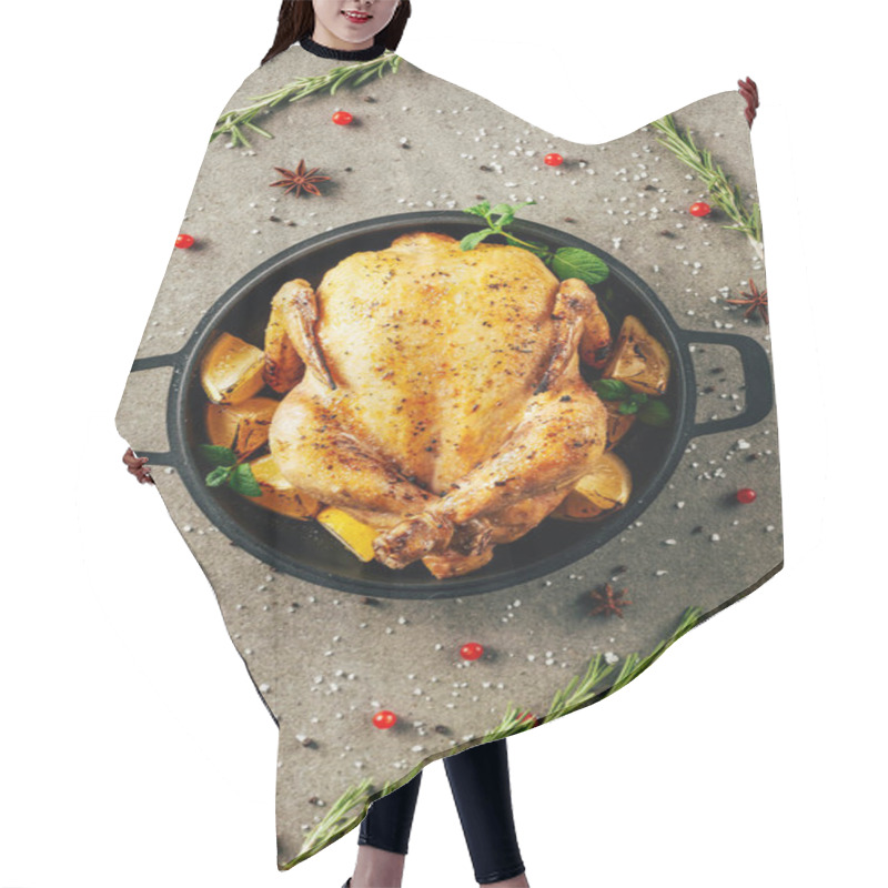 Personality  Top View Of Fried Chicken In Griddle Pan With Lemons And Greenery On Stone Table  Hair Cutting Cape