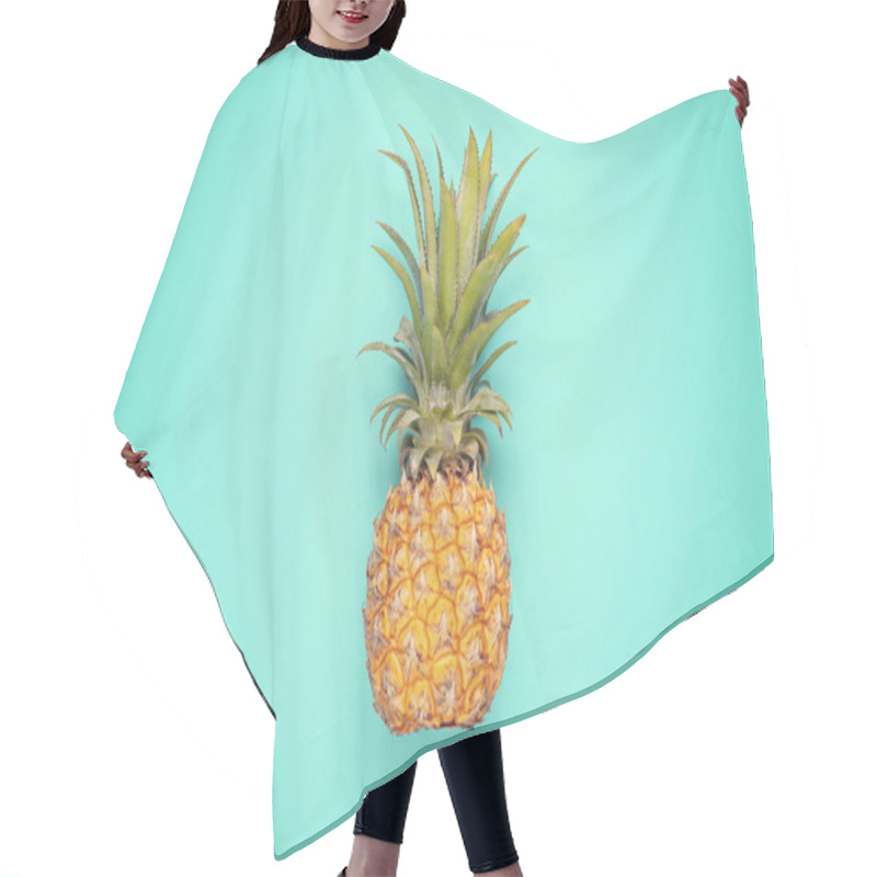 Personality  Tropical Pineapple Fruit Top View Over Blue Background. Summer Vacation, Travel, Tourism Concept Flat Lay.  Hair Cutting Cape