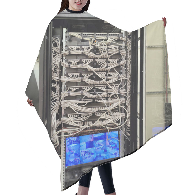 Personality  Complex Network Server With Dense Cable Management And Surveillance Screen, Reflecting Connectivity And Security Infrastructure Hair Cutting Cape