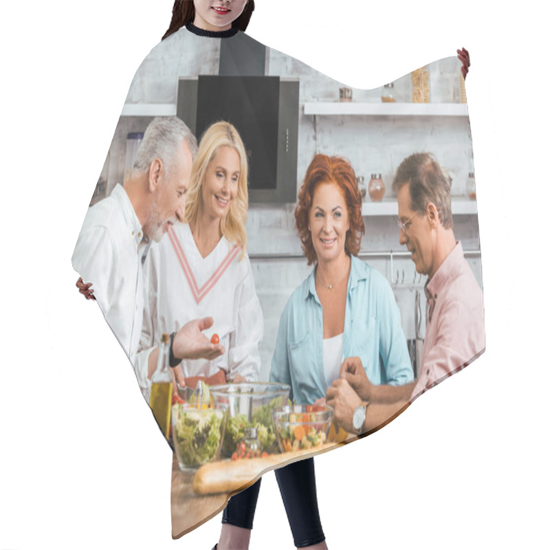 Personality  Mature Old Friends Preparing Healthy Salad For Dinner At Home Hair Cutting Cape