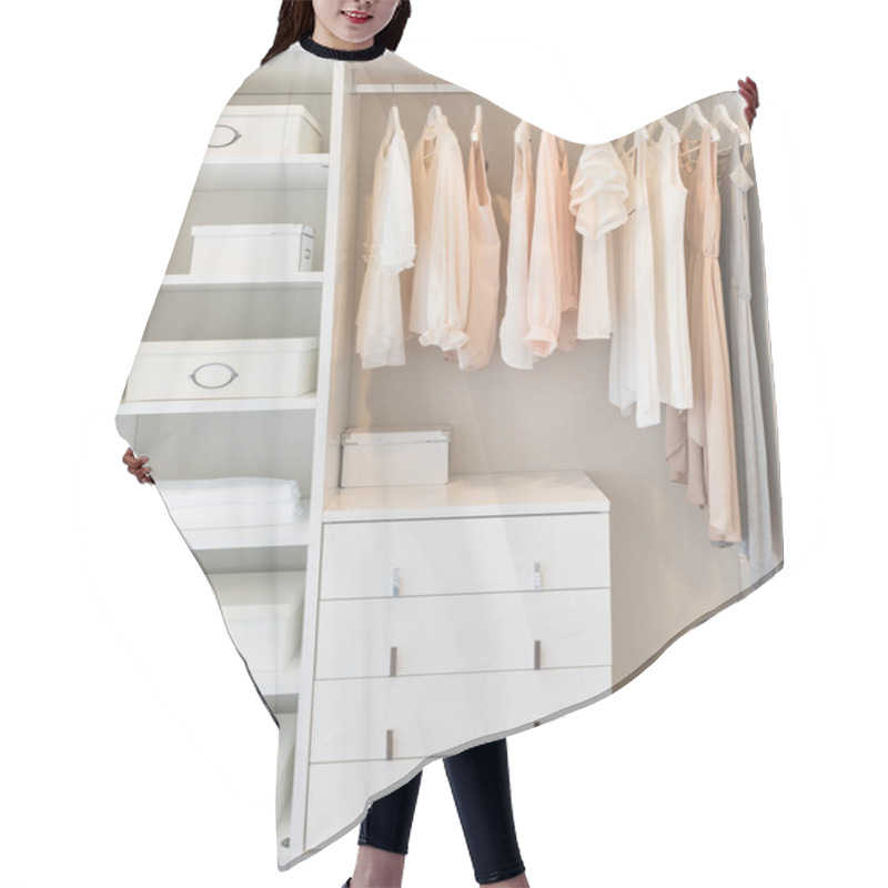 Personality  White Wardrobe On Wooden Floor With Dress  Hair Cutting Cape