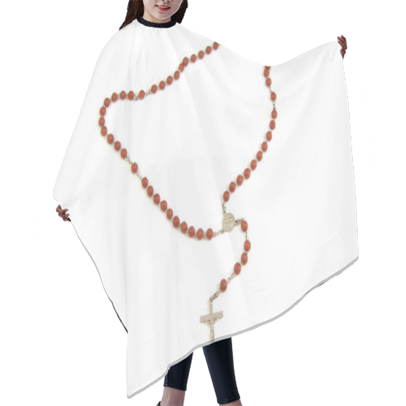 Personality  Wood Rosary And Metal Cross With Slightly Unfocused Beads Isolated On A White Background Hair Cutting Cape