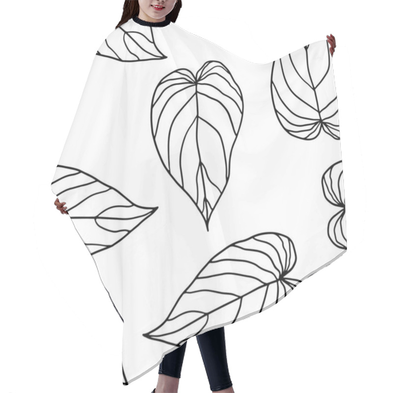 Personality  Black And White Seamless Pattern From Tropical Leaves On A White Background. Vector Monochrome Pattern Of Beautiful Outline Leaves For Printing, Textiles, Coloring, Invitations. Hair Cutting Cape