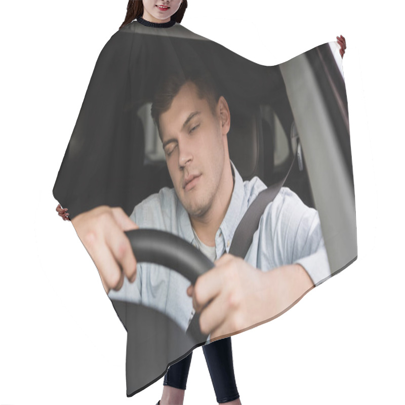 Personality  Drunk Man Falling Asleep While Driving Car, Blurred Foreground Hair Cutting Cape