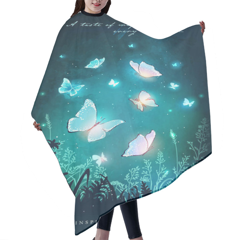 Personality  Vector Illustration With Magical Glowing Butterflies Flying In The Garden At Night. Inspiration Card. Hair Cutting Cape