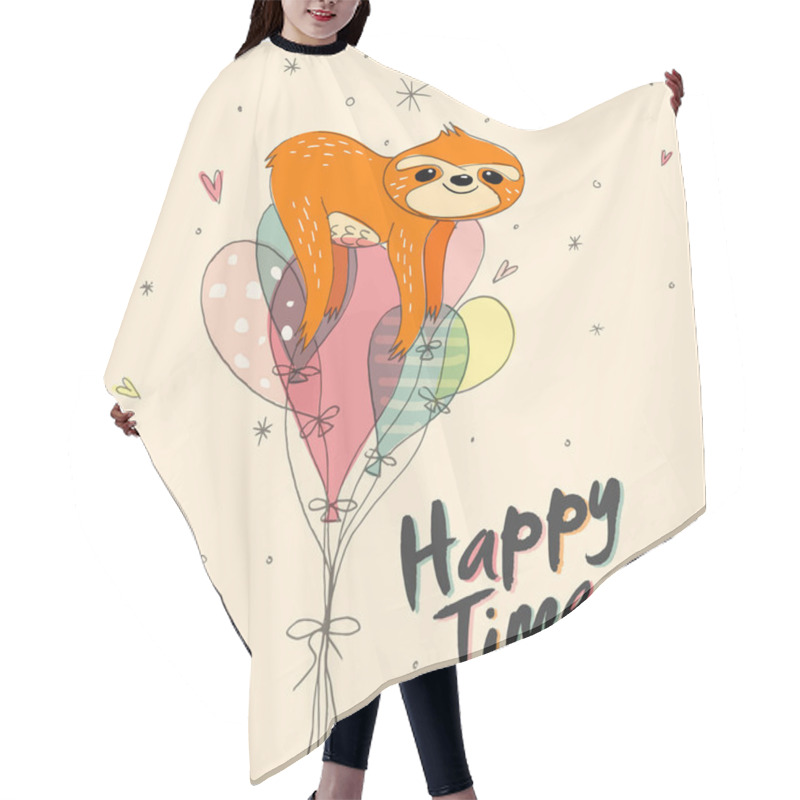 Personality  Happy Time. Cute Hand Drawn Sloth, Sluggard Funny Vector Illustrations For Banner, Poster, Background And Birthday Greeting Card. Balloons, Hearts And Cloud Drawings Easy Editable For Your  Design. Hair Cutting Cape