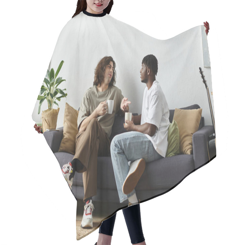 Personality  A Loving Couple Engages In A Warm Conversation While Sipping Coffee On A Cozy Couch. Hair Cutting Cape