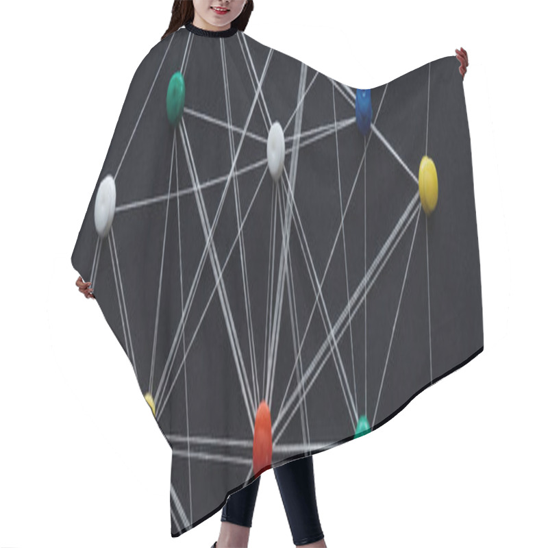 Personality  Panoramic Shot Of Push Pins Connected With Strings Isolated On Black, Network Concept Hair Cutting Cape