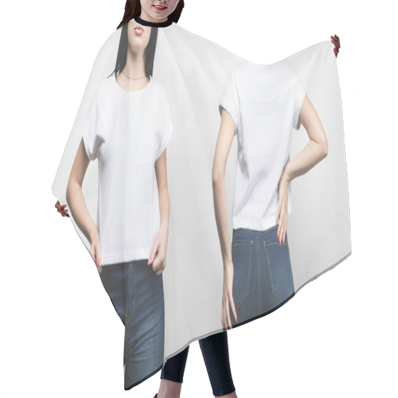 Personality  Front And Back View Of Young Woman In Blank T-shirt Isolated On White Hair Cutting Cape