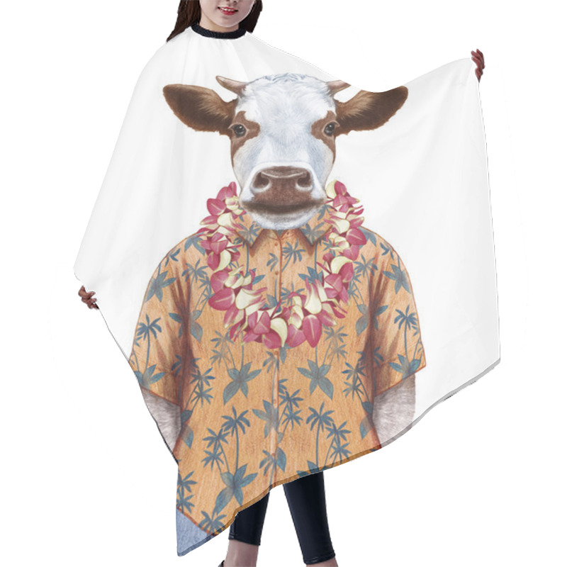 Personality  Cow In Summer Shirt With Hawaiian Lei. Hair Cutting Cape