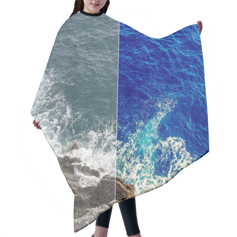 Personality  Photo Before And After The Image Editing Process. Sea Rocks Hair Cutting Cape