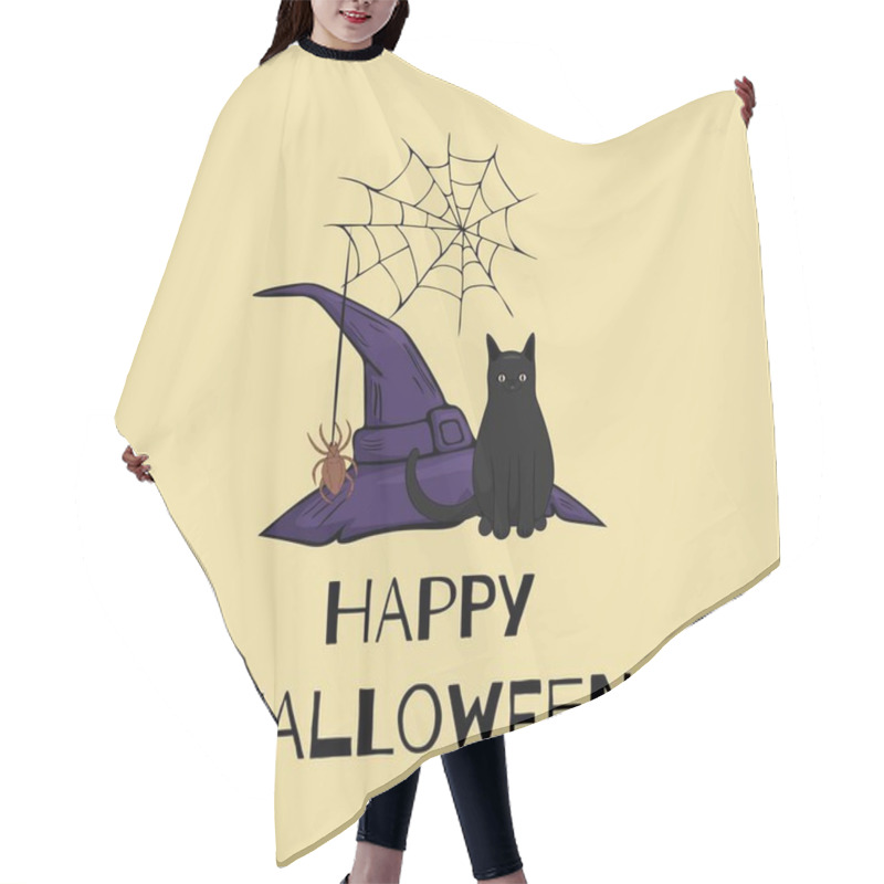 Personality  Vector Halloween Illustration For A Poster Or Greeting Card. A Witch Hat, A Cat And Spider Web On A Yellow Background. Hair Cutting Cape