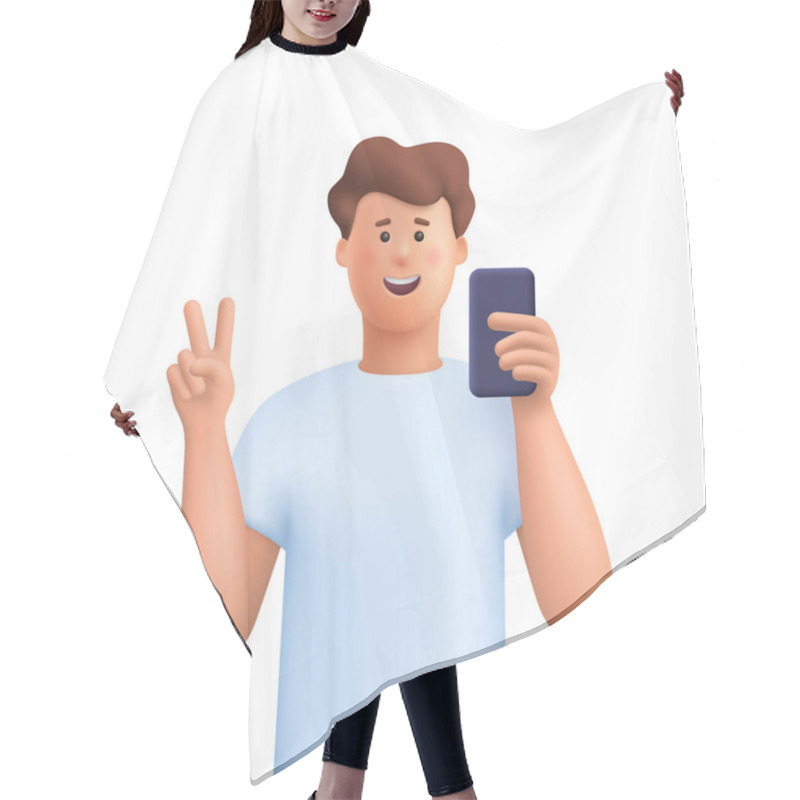 Personality  Young Smiling Man Taking Selfie With Phone And Making Peace Gesture Sign. 3d Vector People Character Illustration.Cartoon Minimal Style. Hair Cutting Cape