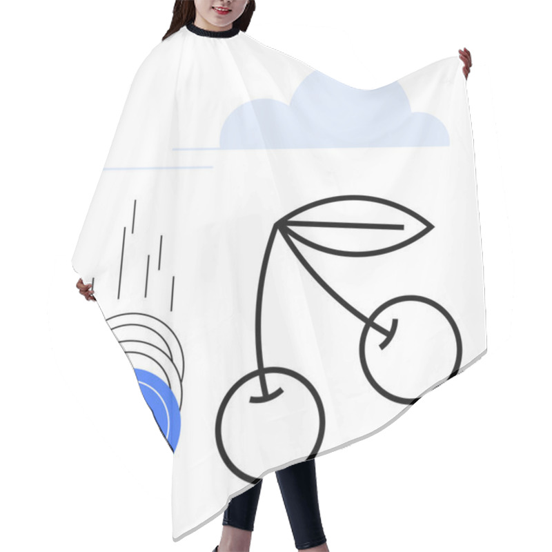 Personality  Blue Coins With A Dollar Sign Falling Beside Stylized Cherries Under A Simplistic Cloud. Ideal For Finance, Economics, Business Growth, Investment, Agriculture, Success Themes. Line Metaphor Hair Cutting Cape