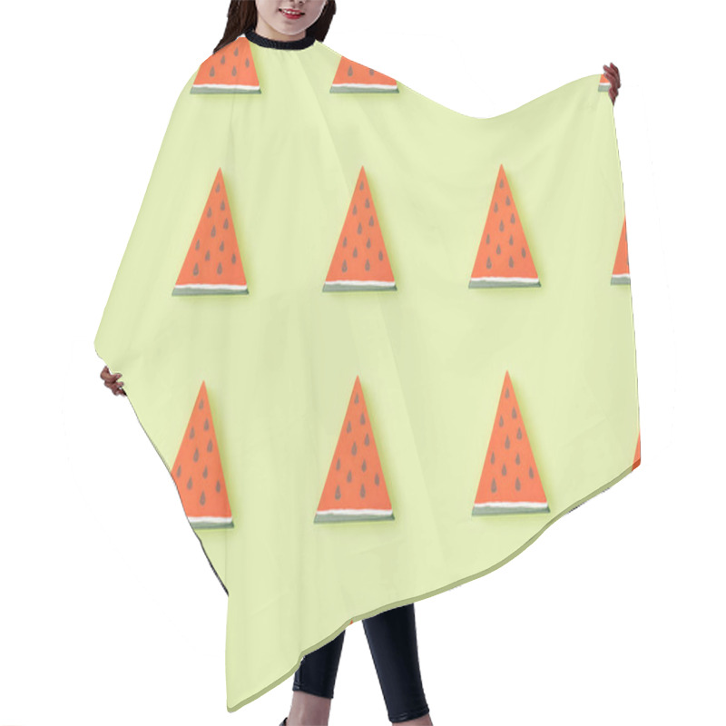 Personality  Top View Of Pattern With Handmade Red Paper Watermelon Slices Isolated On Green Hair Cutting Cape