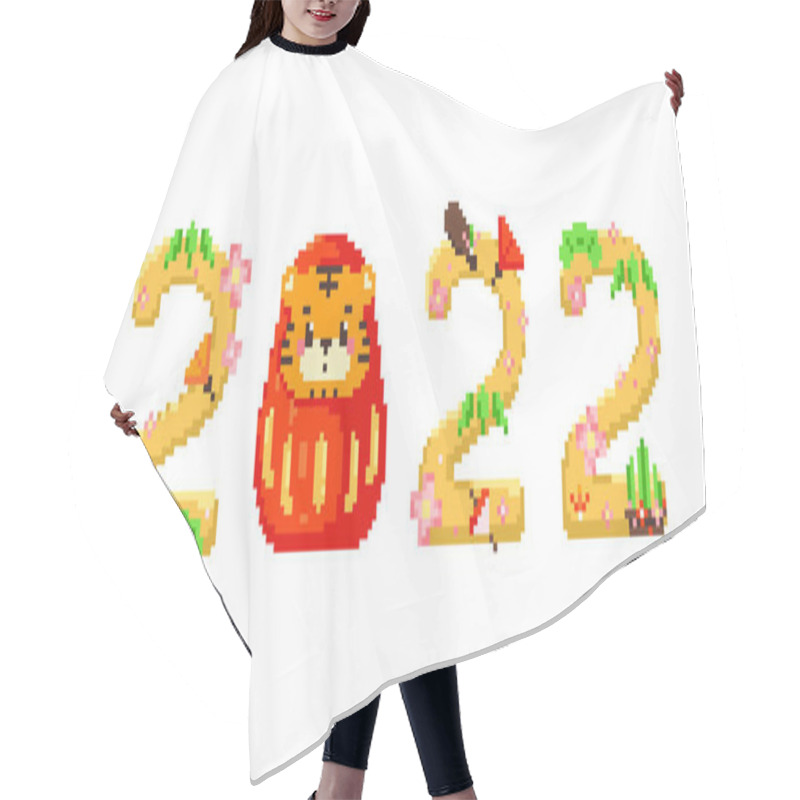 Personality  2022 Happy New Lunar Year. 2022 Pixel Art Asian Style Vector Text With Retro Traditional Decorations Like Daruma, Tiger, Sakura Flowers, Bamboo. Red And Gold Colors. Hair Cutting Cape