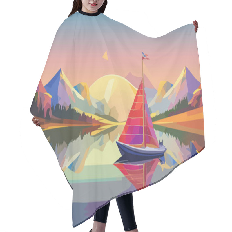 Personality  A Vibrant, Geometric Landscape Painting With A Small Boat On A Calm Lake, Surrounded By Colorful Mountains And A Bright Sky. Hair Cutting Cape