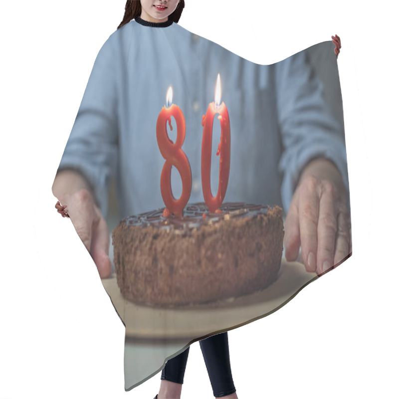 Personality  Close-up View Of Senior Man Celebrating 80 Anniversary With Cake And Burning Number Candles Hair Cutting Cape