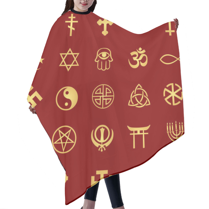 Personality  Vector Set Of Gold Religious Symbols On Red Background Hair Cutting Cape