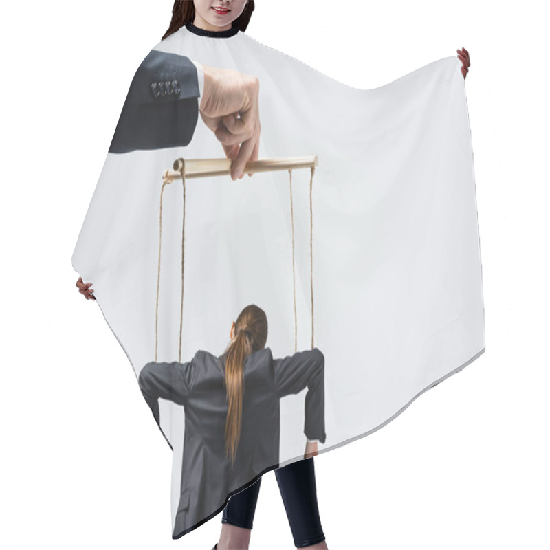 Personality  Cropped View Of Puppeteer Holding Businesswoman Marionette On Strings Isolated On Grey Hair Cutting Cape