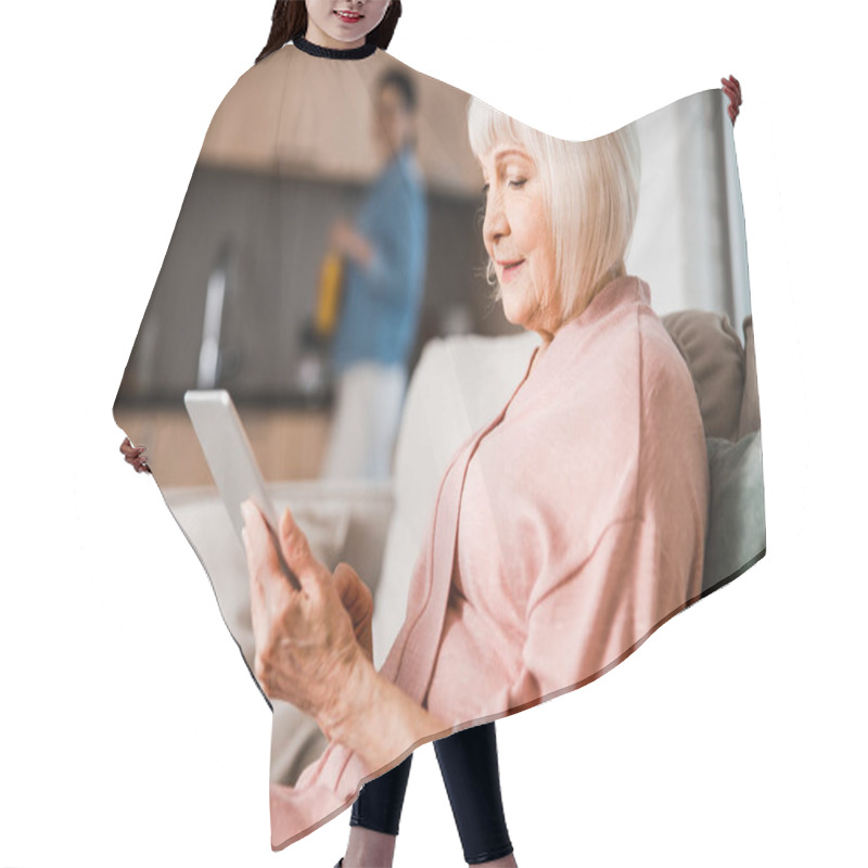 Personality  Smiling Old Woman Using Modern Gadget At Home Hair Cutting Cape