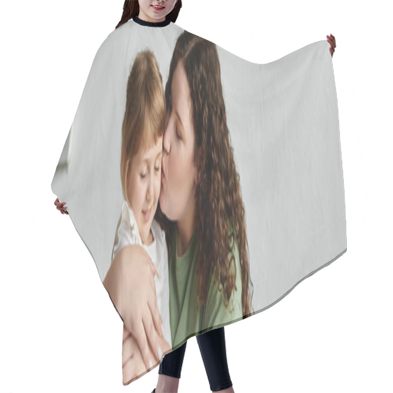 Personality  A Plus Size Mother Lovingly Kisses Her Daughter, Both Radiating Warmth And Happiness Together. Hair Cutting Cape