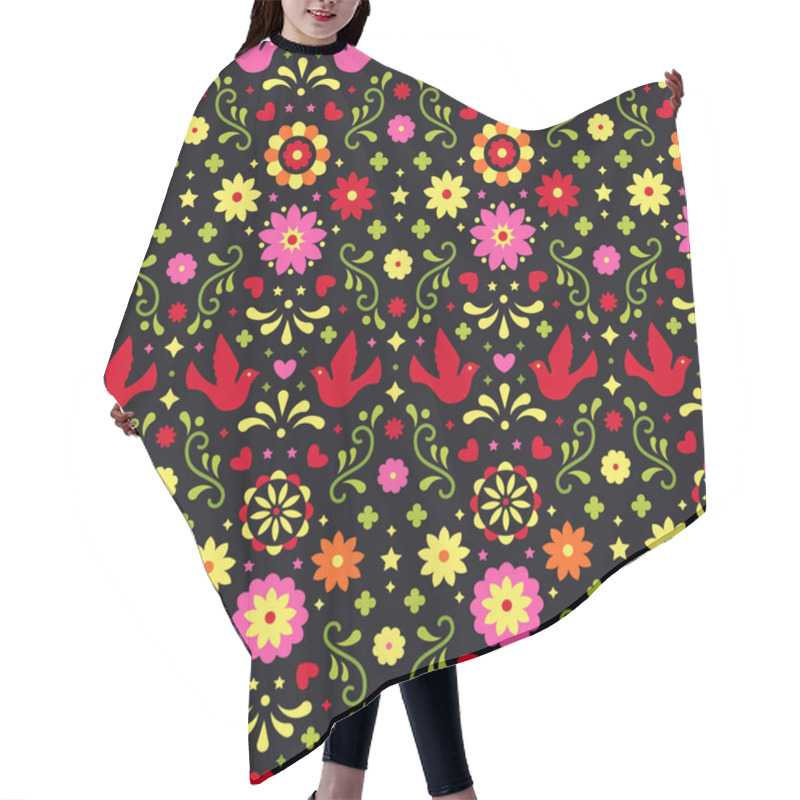 Personality  Colorful Mexican Flowers, Leaves And Birds On Dark Background. Traditional Seamless Pattern For Fiesta Party. Floral Folk Art Design From Mexico. Mexican Folklore Ornament. Hair Cutting Cape