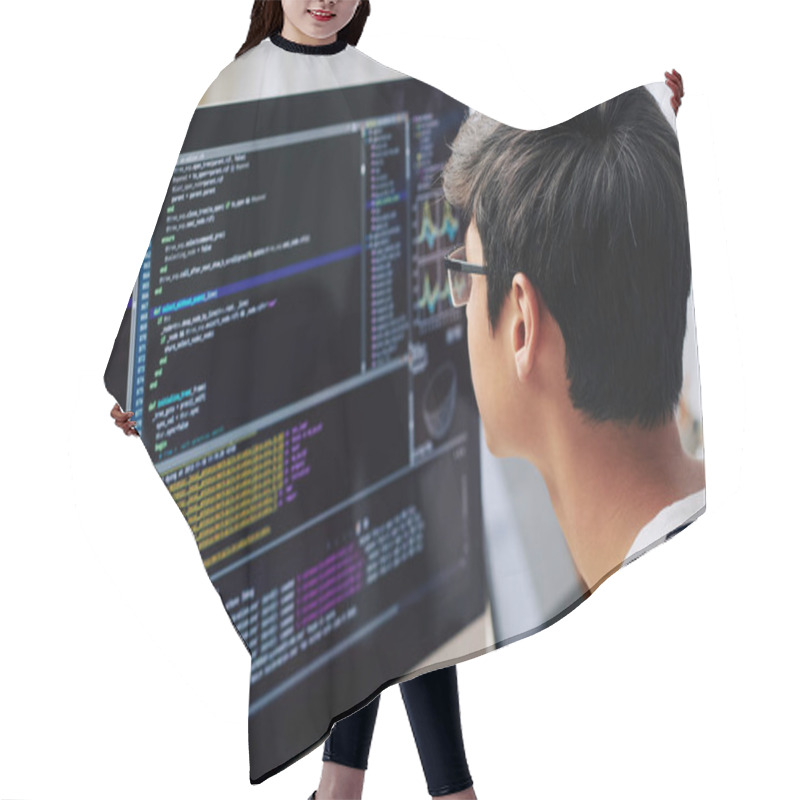 Personality  Smart Teenage Boy In Glasses Checking Programming Code On Computer Screen When Sitting At His Desk Hair Cutting Cape