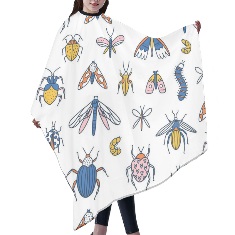 Personality  Colorful Cartoon Insects, Bugs And Beetles On White Background, Vector Seamless Pattern Hair Cutting Cape